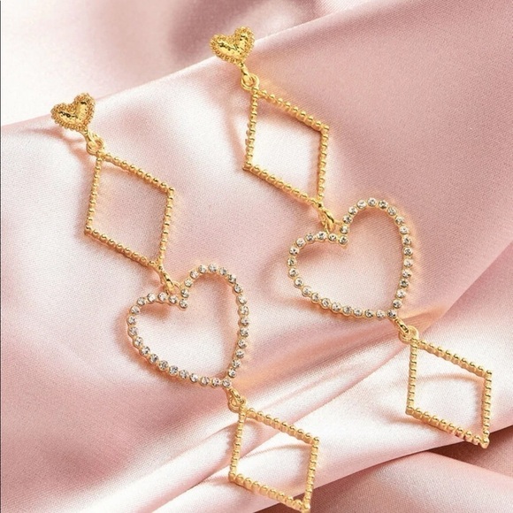GOLD Rhinestone Heart Geometric Drop Earrings - Picture 2 of 2